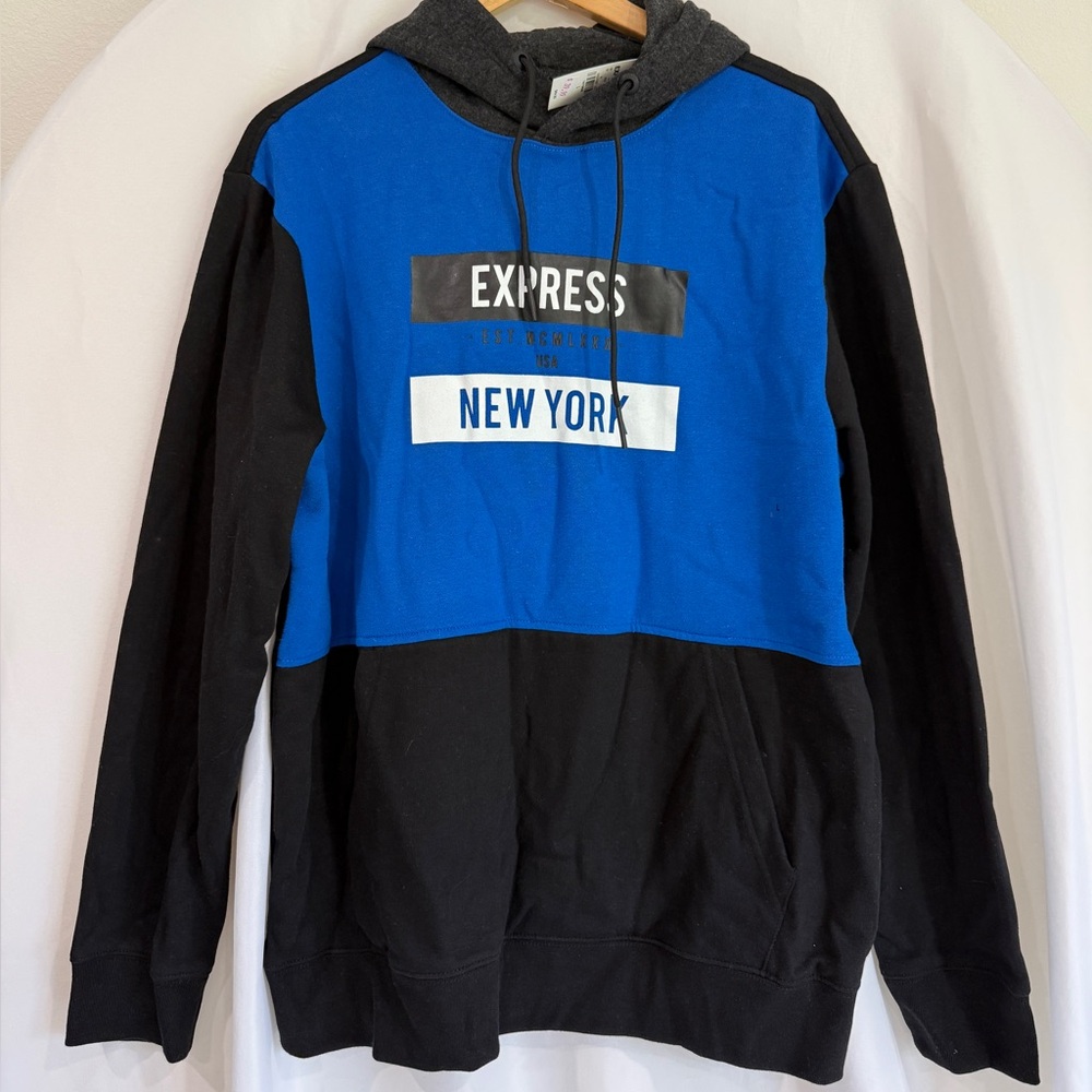 Express Men's Blue and Black Colorblock Pullover Hoodie